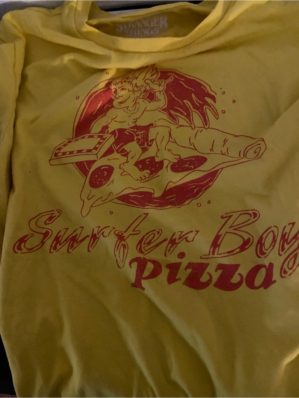 Source Unknown Yellow Tee with Red Surfer Pizza Graphic